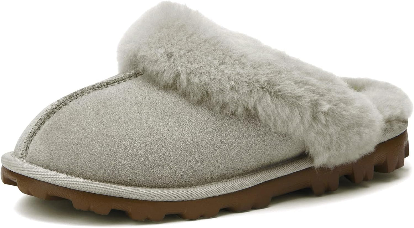 Genuine Australian Sheepskin Women Slippers, Water-Resistant Warm and Fluffy Outdoor House Slippers for Women