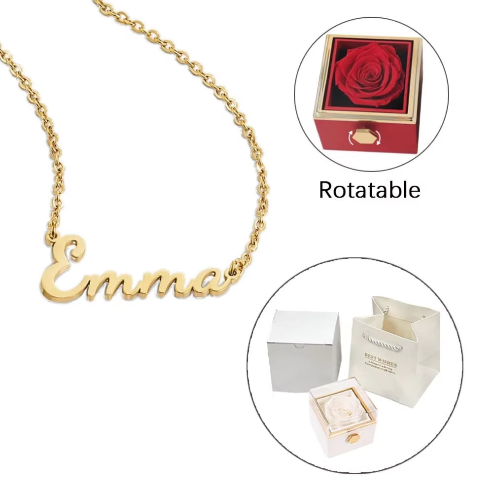 ETERNAL ROSE Box-Customized Name Necklace & REALROSE Flower Gift Box Heart Customize Jewelry Valentine'S Day Gift for Girlfriend