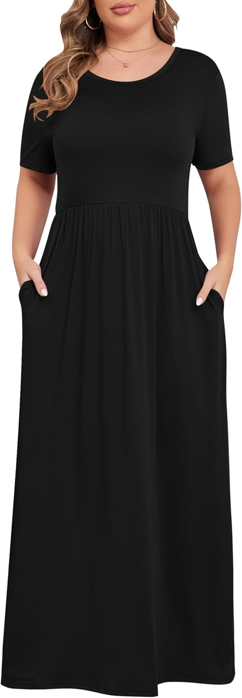 Women'S plus Size Short Sleeve Loose Plain Casual Long Maxi Dresses with Pockets