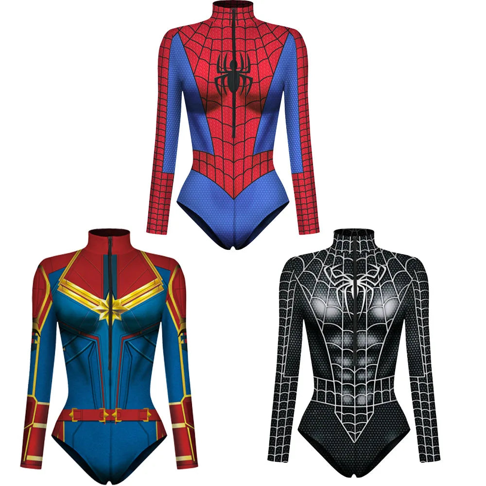 Spiderman Bodysuit for Women and Men, Captain Superhero Jumpsuit, 3D Print, Long Sleeve Swimsuit, Halloween Carnival Cos